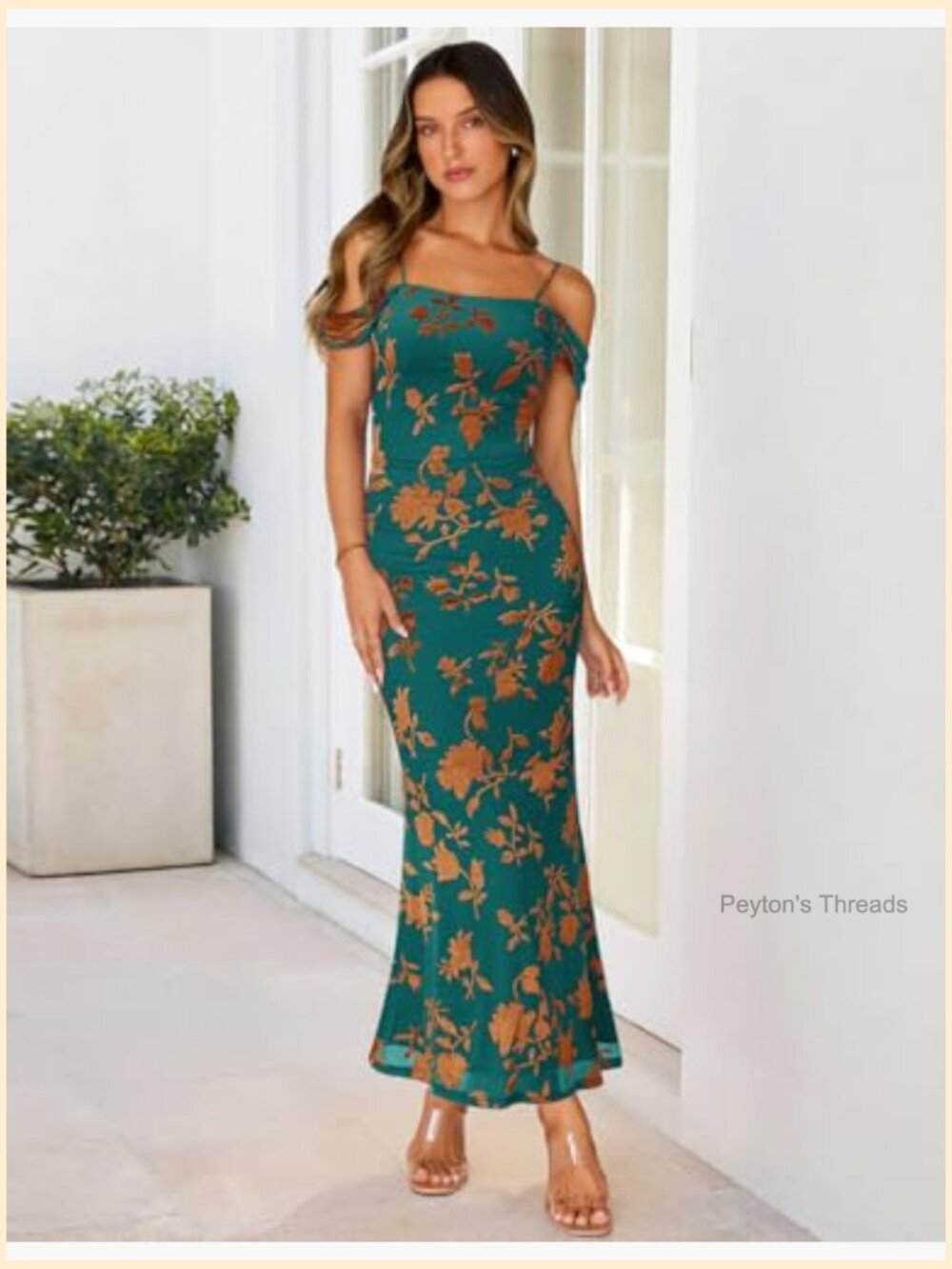 Off The Shoulder Spaghetti Strap Floral Mesh Maxi Dress - Picture 4 of 6